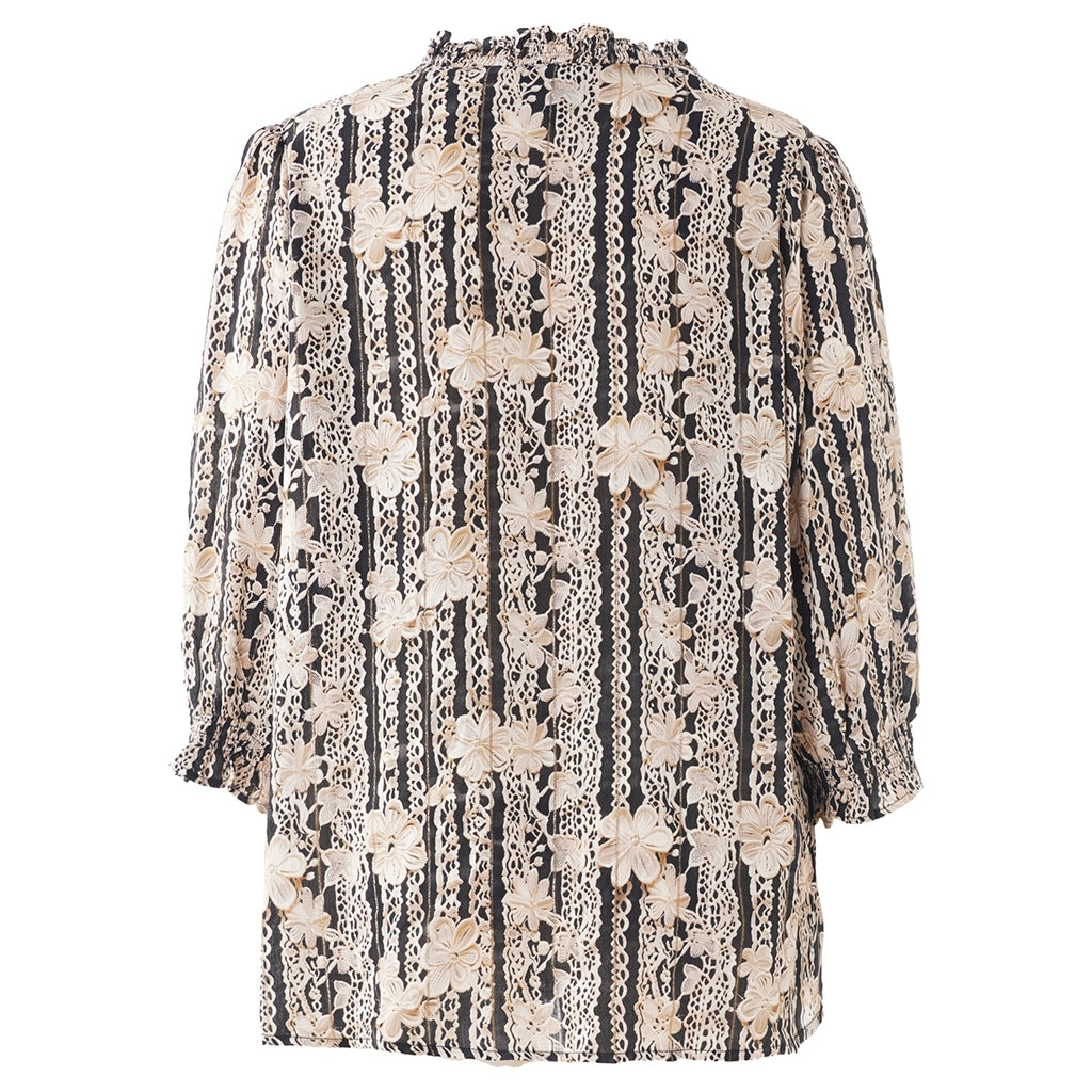 Studio SFeodora Blouse with smock neck Blouse Black with sand flowers and gold stripe
