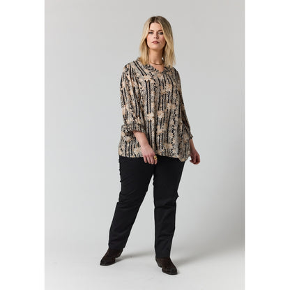 Studio SFeodora Blouse with smock neck Blouse Black with sand flowers and gold stripe