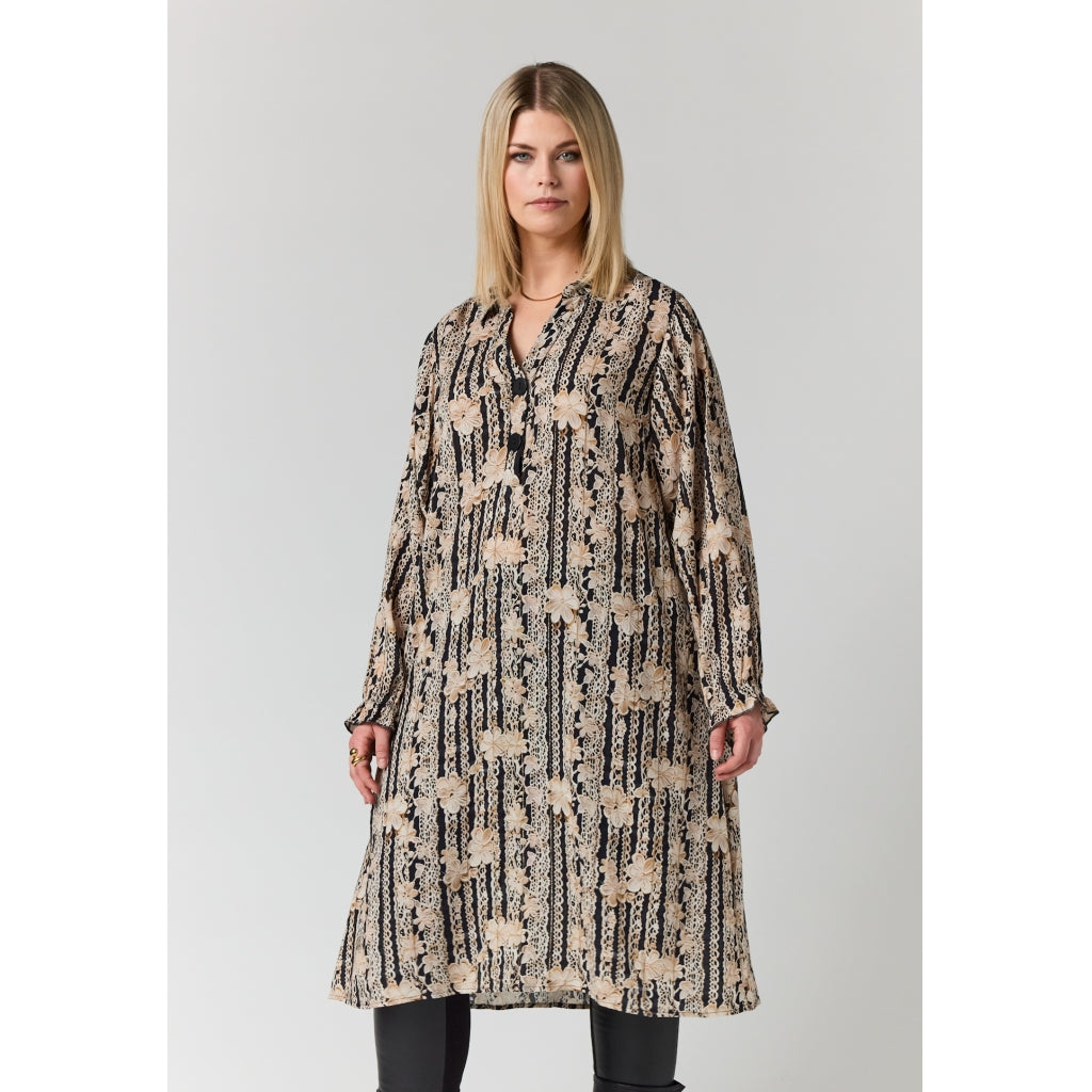 Studio SGunda Dress Dress Black with sand flowers and gold stripe