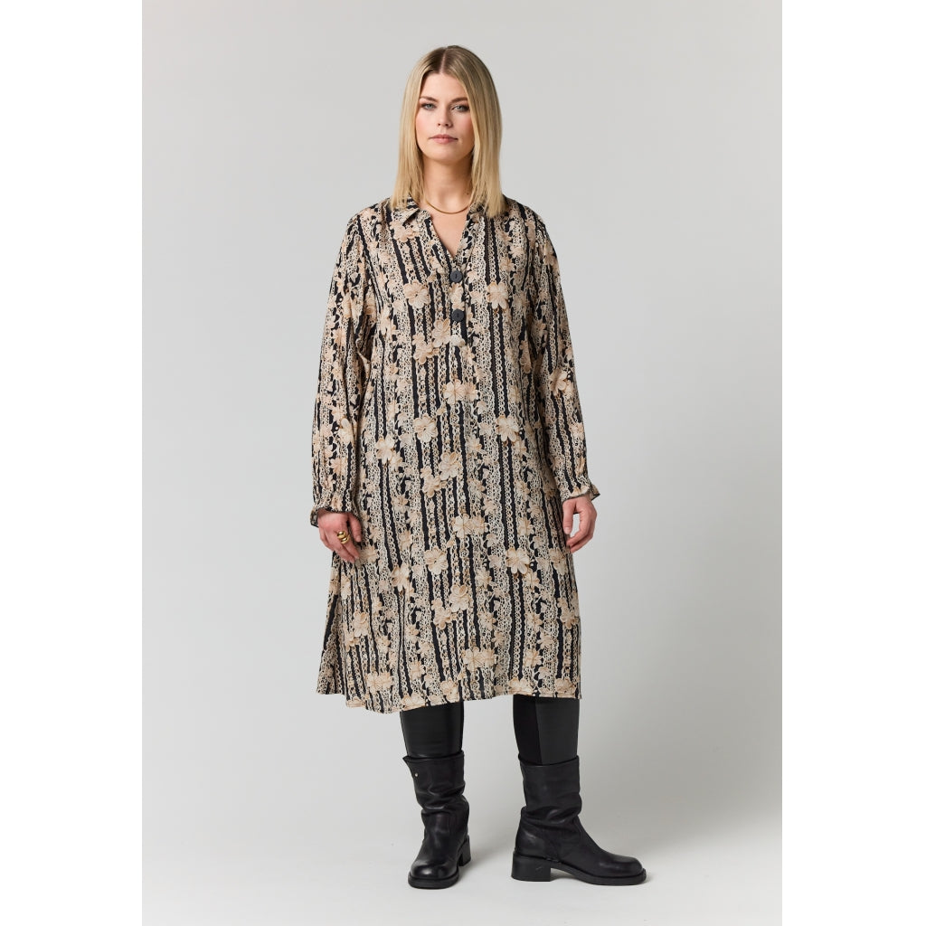 Studio SGunda Dress Dress Black with sand flowers and gold stripe
